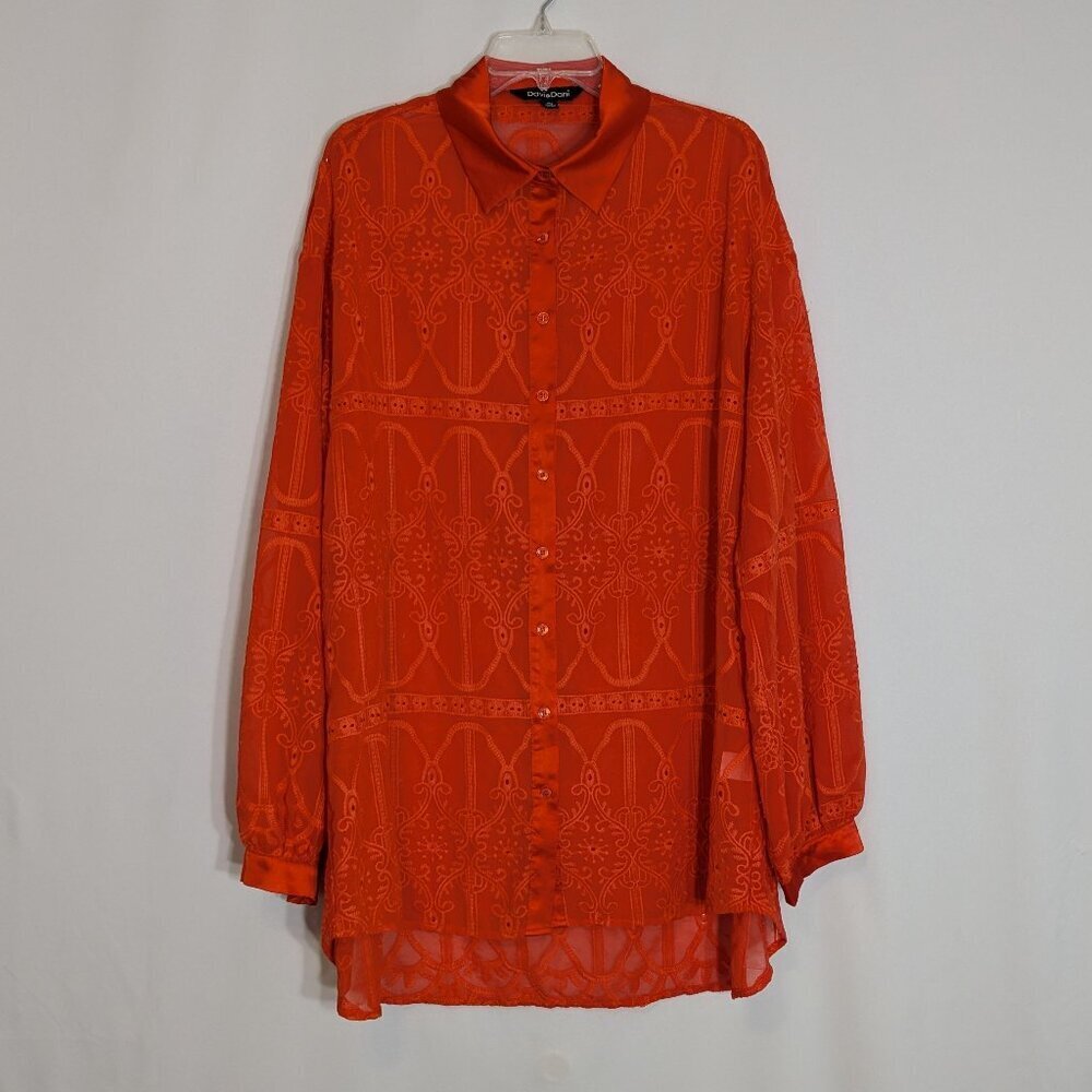 DAVI & DANI Orange Embroidered Chiffon/Satin Long Sleeve Button Blouse; Size 1XL
